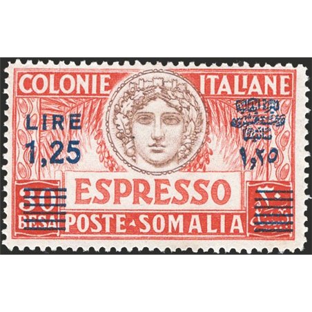 Somalia 1937 Espressi Italia Turrita 1,25 su 30 b. rosso bruno dent. 14 n° 8 Cert. CiBaFil Cat. € 1.750 (**)