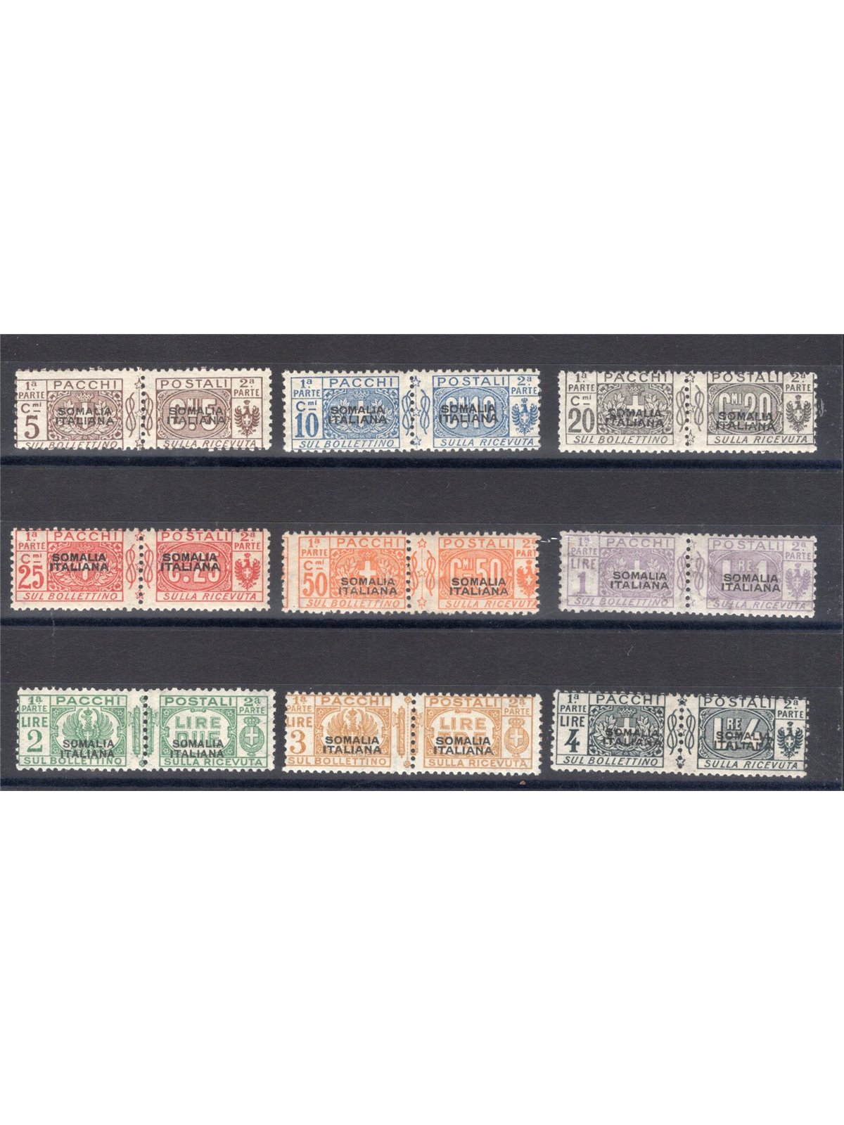 Somalia 1917/19 Pacchi postali nodo soprast. serie n° 1/9 Cert. Biondi Cat. € 3.500 (**)
