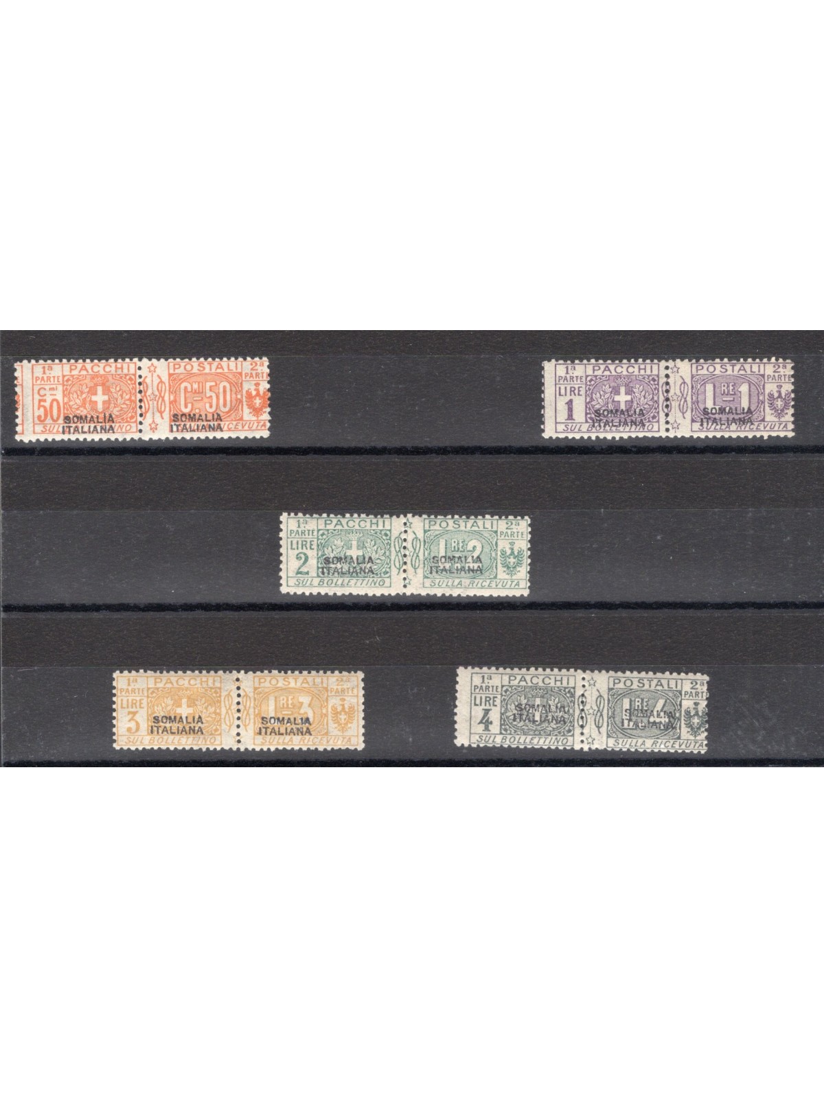 Somalia 1917/19 Postal parcels overprinted knot series No. 10/14 Cert. Biondi Cat. €6.50 0 (**)