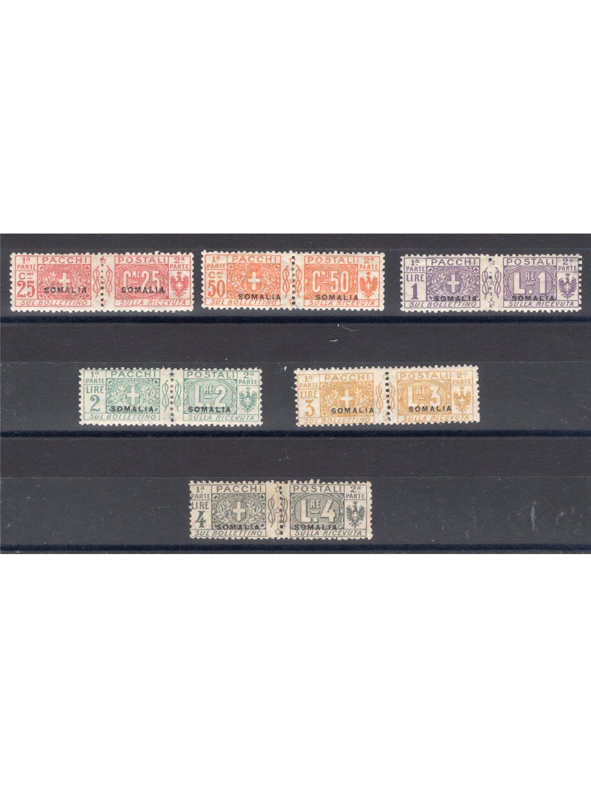 Somalia 1923 Pacchi postali nodo soprast. serie n° 15/20 Cert. Biondi Cat. € 1.750 (*)