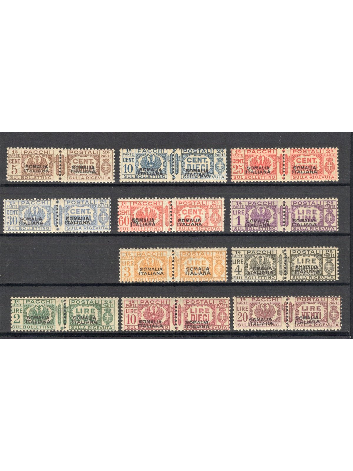 Somalia 1928/41 Pacchi fascetto al centro con soprast. del 1° tipo n° 54/57 + 59/65 Cert. Biondi Cat. € 8.000 (**)