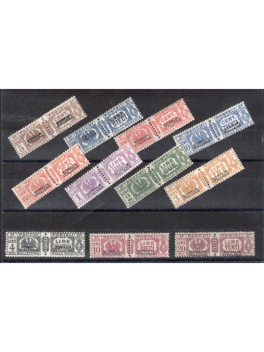 Somalia 1928/41 Pacchi d'Italia 1° tipo con soprast. “Somalia Italiana” serie n° 54/57 + 59/65 Cert. Apicella Cat. € 4.000 (*) 