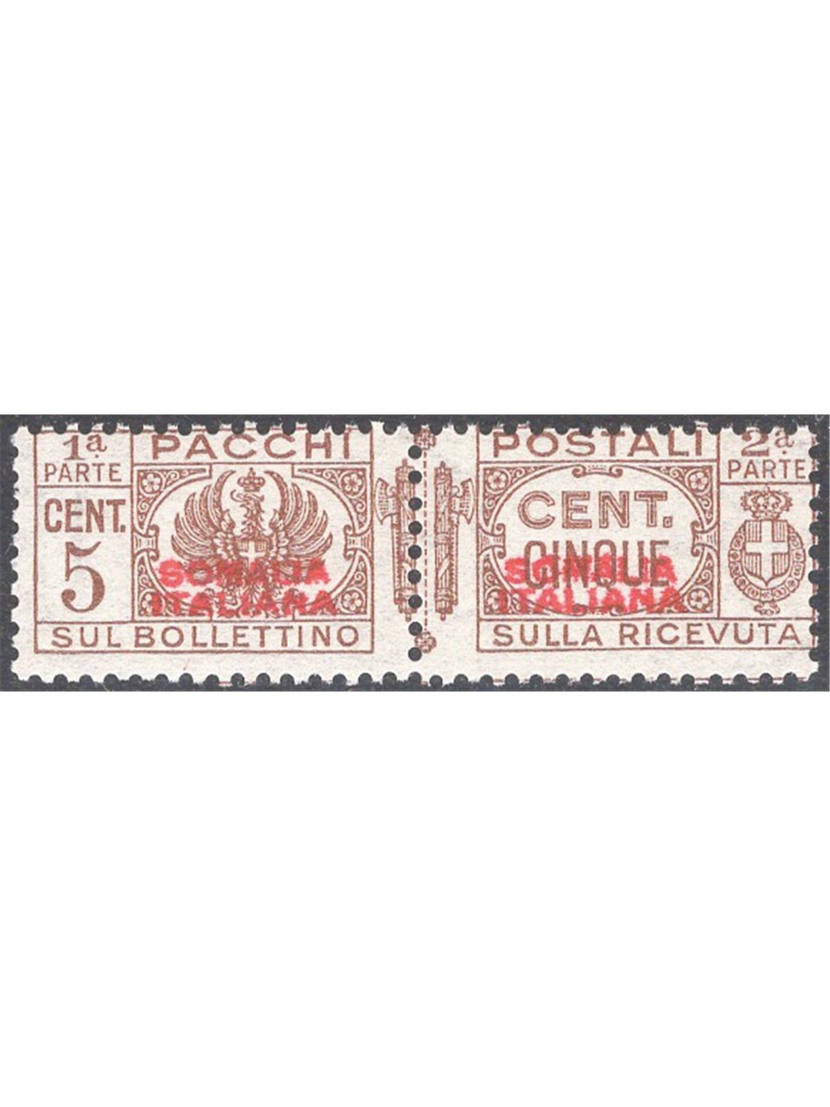 Somalia 1937 Postal parcels 5c brown with decal of overprint no. 71b Cat. €80 (**)