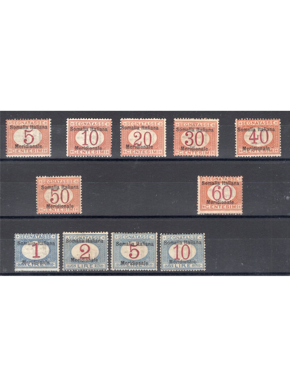 Somalia 1906 Segnatasse soprast. serie n° 1/11 Cert. Biondi Cat. € 18.000 (**)