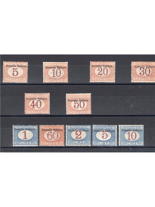 Somalia 1909 Segnatasse con soprast. in alto serie n° 12/22 Cert. Biondi Cat. € 3.500 (**)