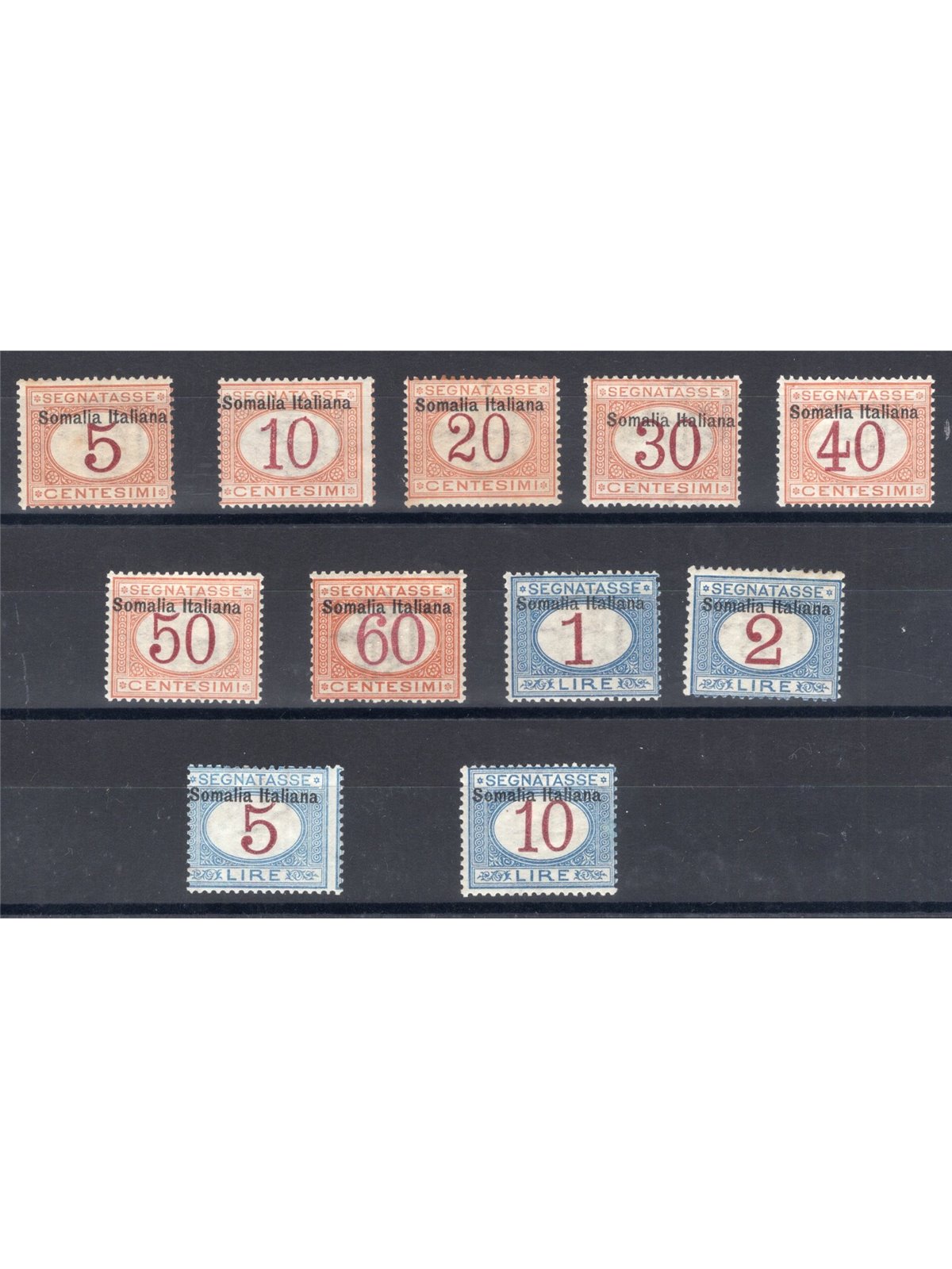 Somalia 1909 Segnatasse con soprast. in alto serie n° 12/22 Cert. Biondi Cat. € 1.750 (*)