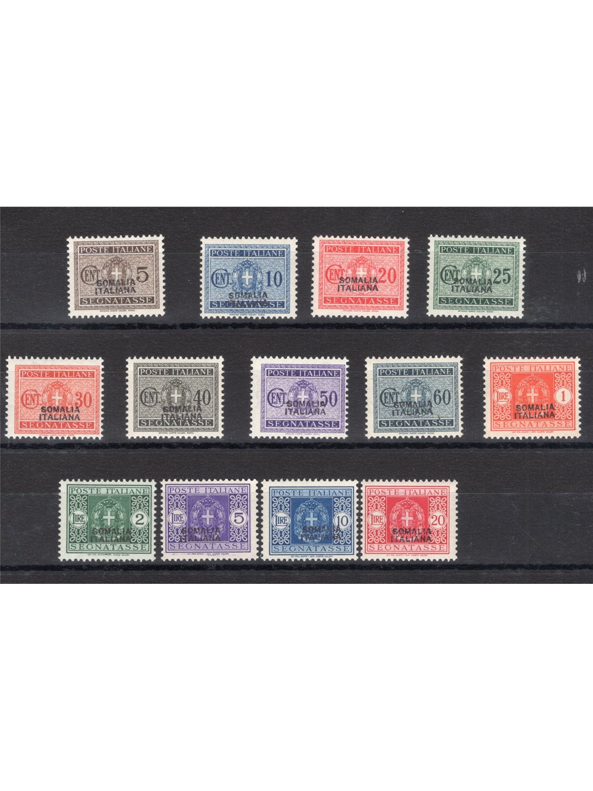 Somalia 1934 Tax stamp with overprint series no. 52/64. Signed ED certified by Biondi catalogue price €1,350 (**)