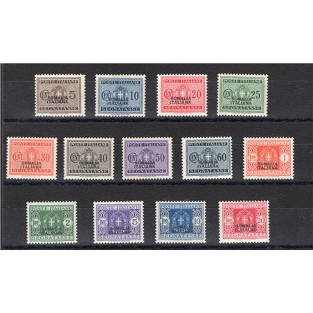 Somalia 1934 Segnatasse con soprast. serie n° 52/64 Cert. CiBaFil Cat. € 540 (*)
