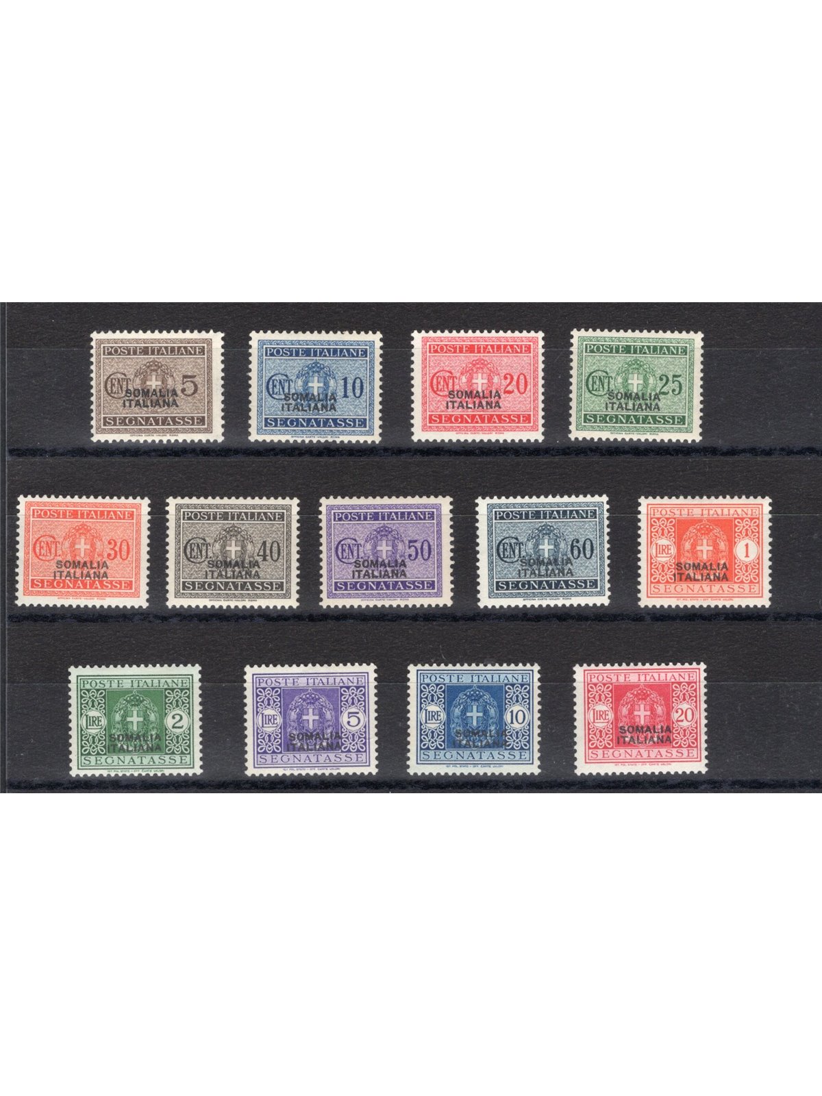 Somalia 1934 Segnatasse con soprast. serie n° 52/64 Cert. CiBaFil Cat. € 540 (*)