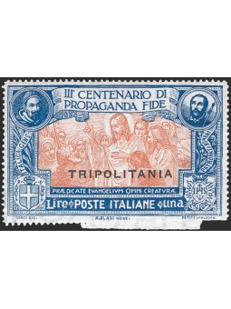 Tripolitania 1923 Propaganda Fide 1 £ blue and orange partially imperforated at the bottom; variety due to a break in the die; t