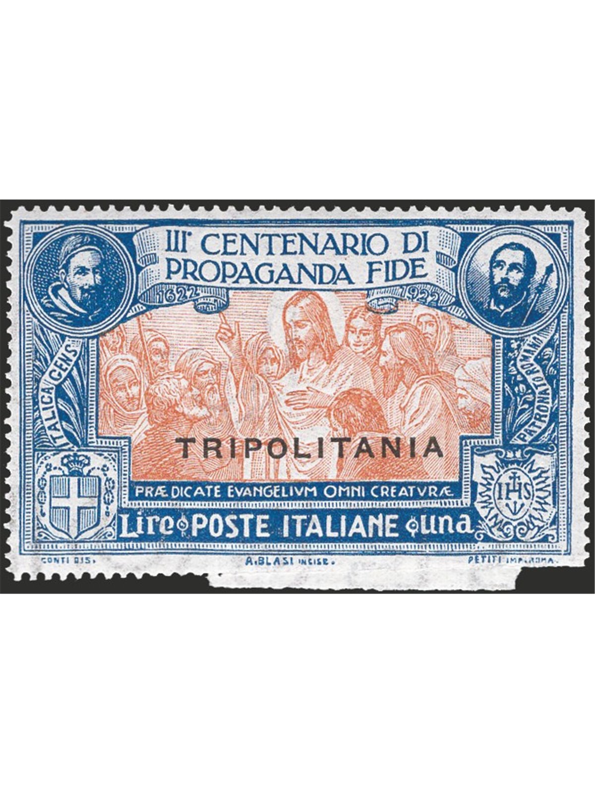 Tripolitania 1923 Propaganda Fide 1 £ azzurro e arancio parzialmente non dent. in basso varietà dovuta ad una rottura del punzon