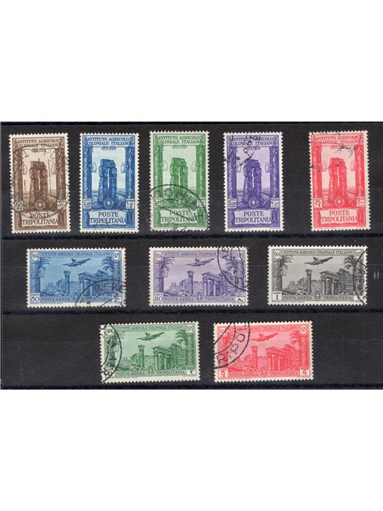 Tripolitania 1930/31 Pro Istituto Coloniale Agricolo serie n° 73/77 + P.A. 17/21 con annulli di favore filatelici Cat. € 600 (U)