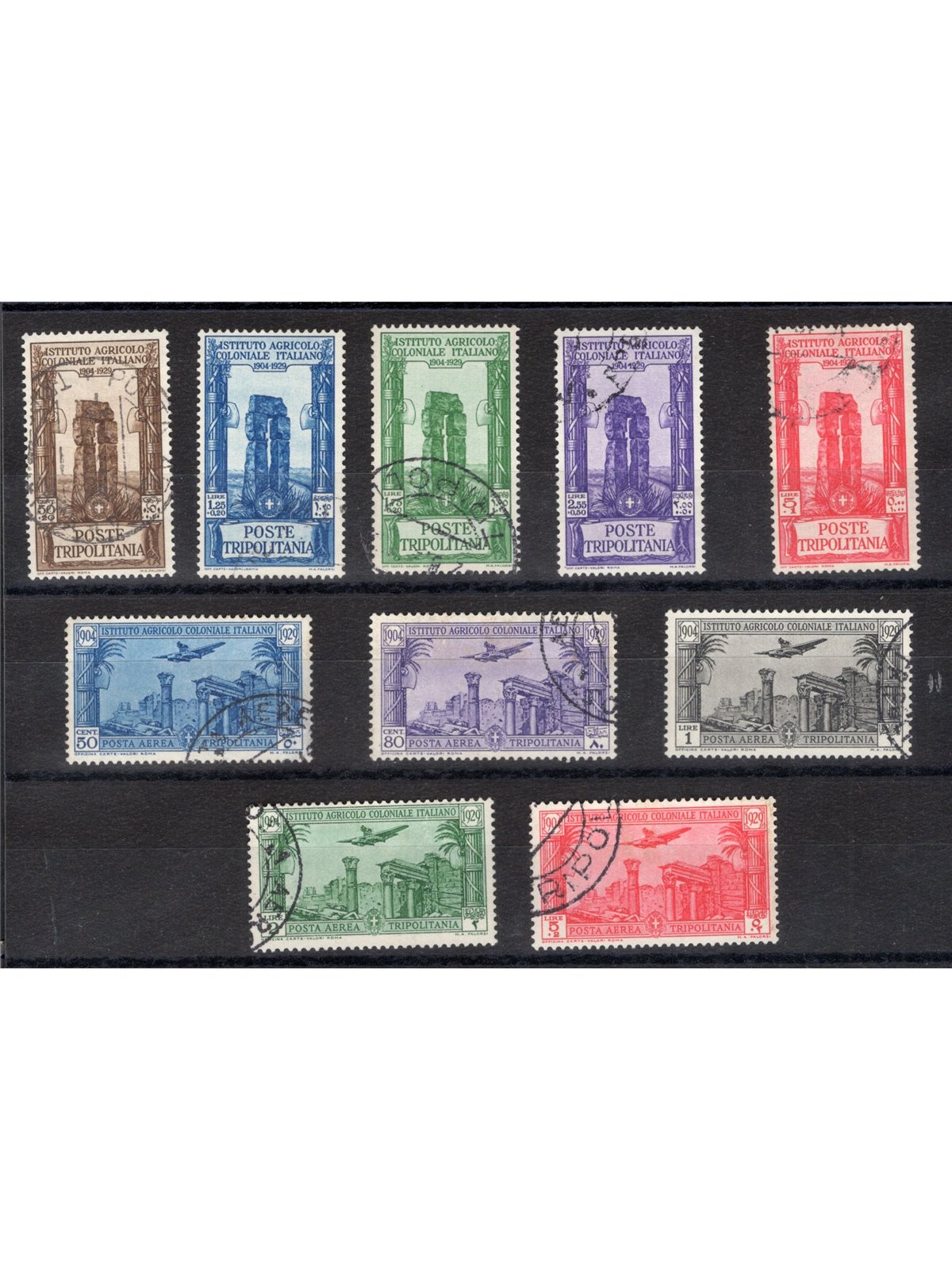 Tripolitania 1930/31 Pro Colonial Agricultural Institute series no. 73/77 + P.A. 17/21 with special philatelic cancellations Cat