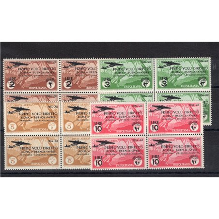 Tripolitania 1934 P.A. 1° Volo Roma Buenos Aires serie n° 30/33 in quartina angolo di foglio Cert. Biondi Cat. € 300++ (**)