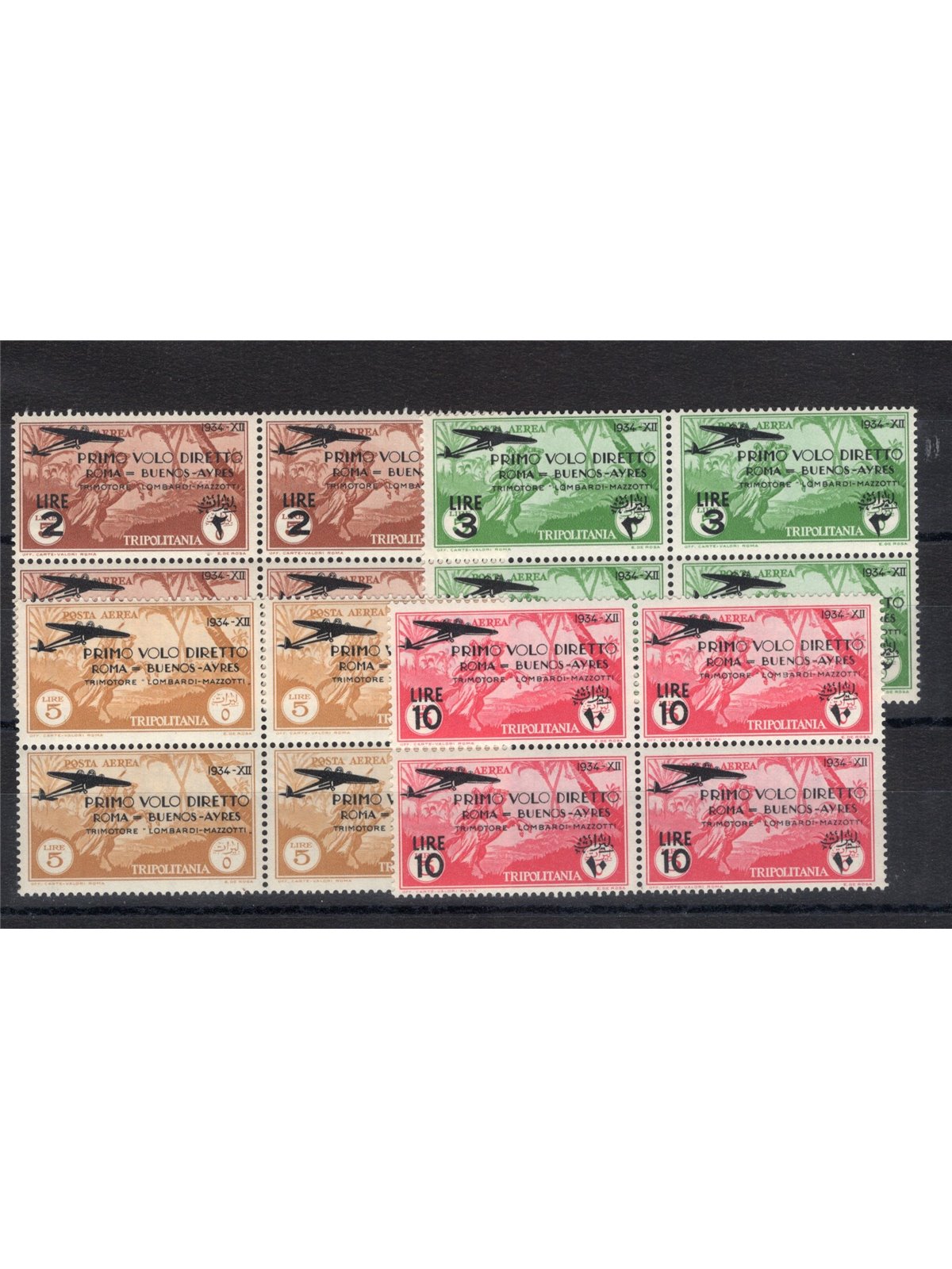 Tripolitania 1934 P.A. 1st Flight Rome–Buenos Aires series no. 30/33 in a block of four corner of sheet Biondi Cert. Cat. €300++