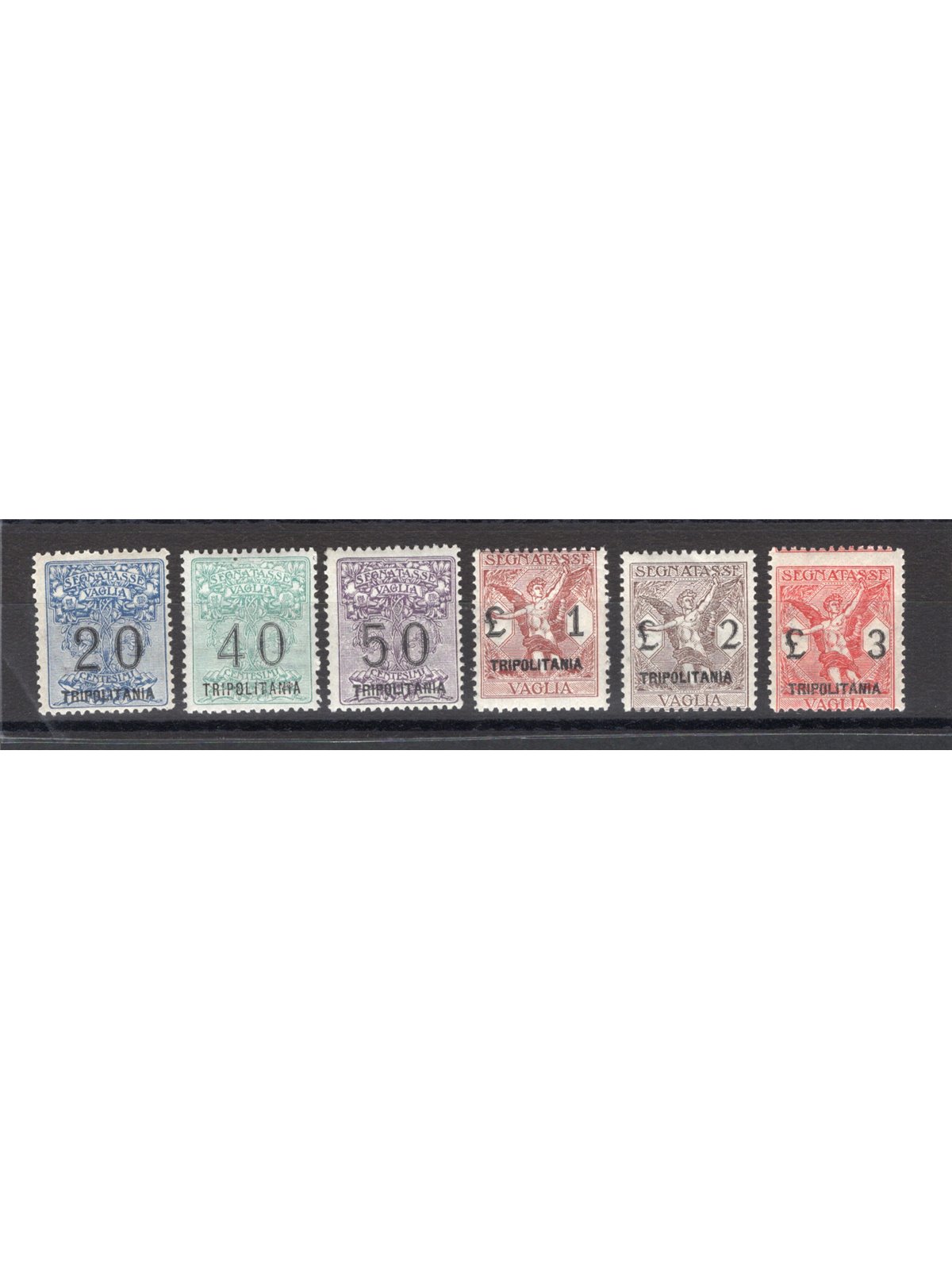 Tripolitania 1924/26 Segnatasse vaglia soprast. serie n° 1 + 3/6 + 8 Cert. CiBaFil Cat. € 2.300 (**)