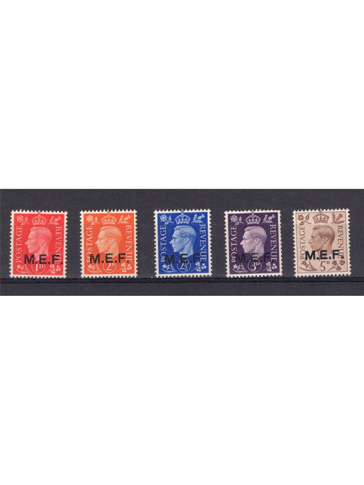 Foreign Occupation of the Colonies – British Occupation M.E.F. 1942 Great Britain stamps from 1937/38 with overprint in black “M