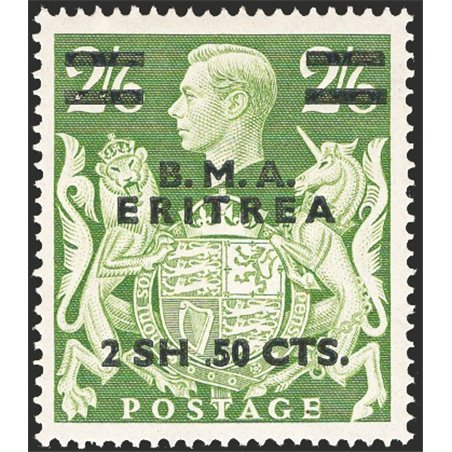 Eritrea 1948 British stamps George VI 2.50 on 2 sh/6 green and yellow overprinted “B.M.A. Eritrea” with a variety showing a dot 