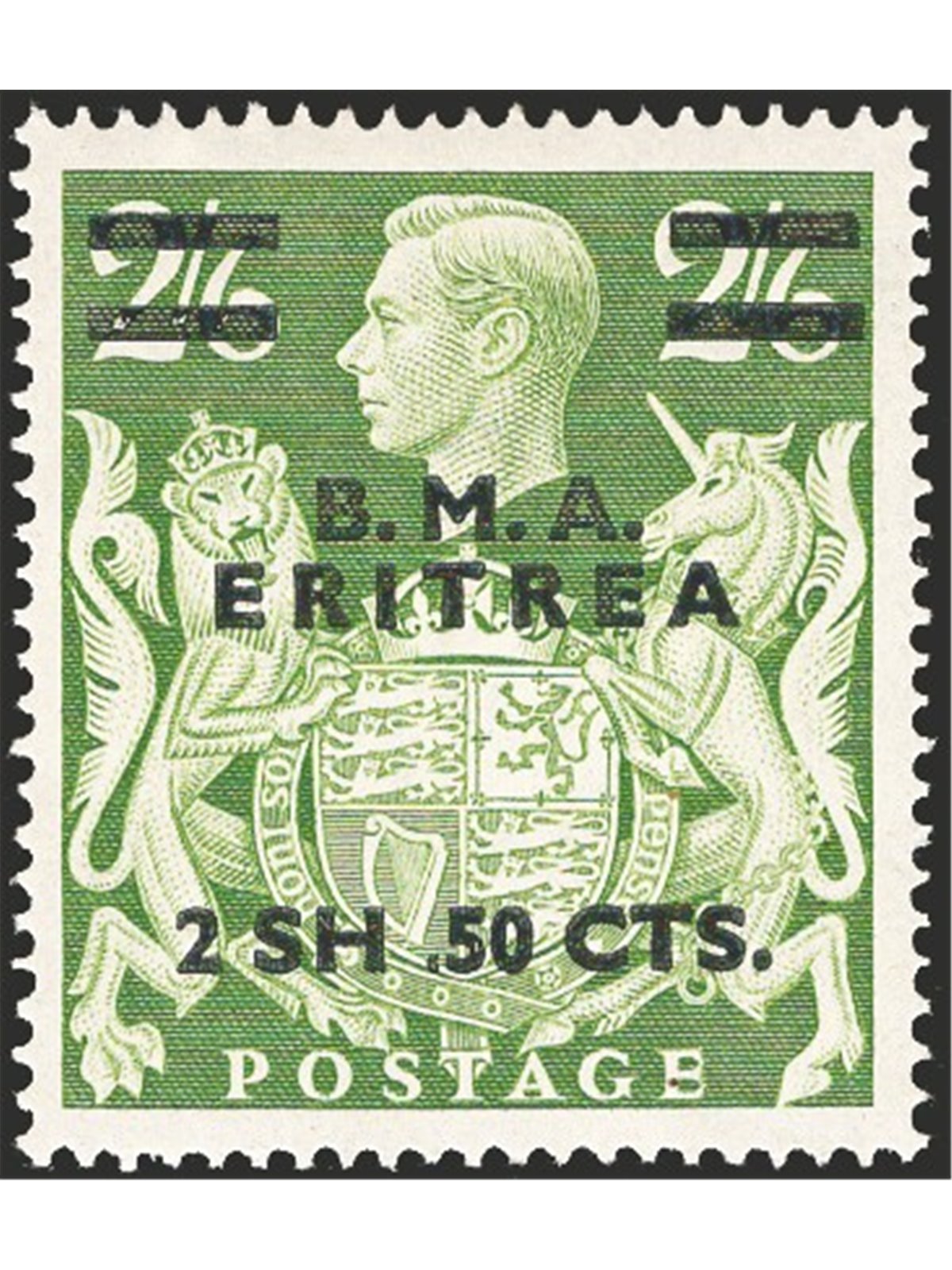 Eritrea 1948 British stamps George VI 2.50 on 2 sh/6 green and yellow overprinted “B.M.A. Eritrea” with a variety showing a dot 