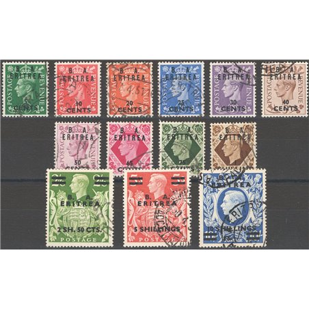 Eritrea 1950 Francobolli di Gran Bretagna con soprast. "B.A. Eritrea" serie n° 14/26 Cat. € 100 (U)