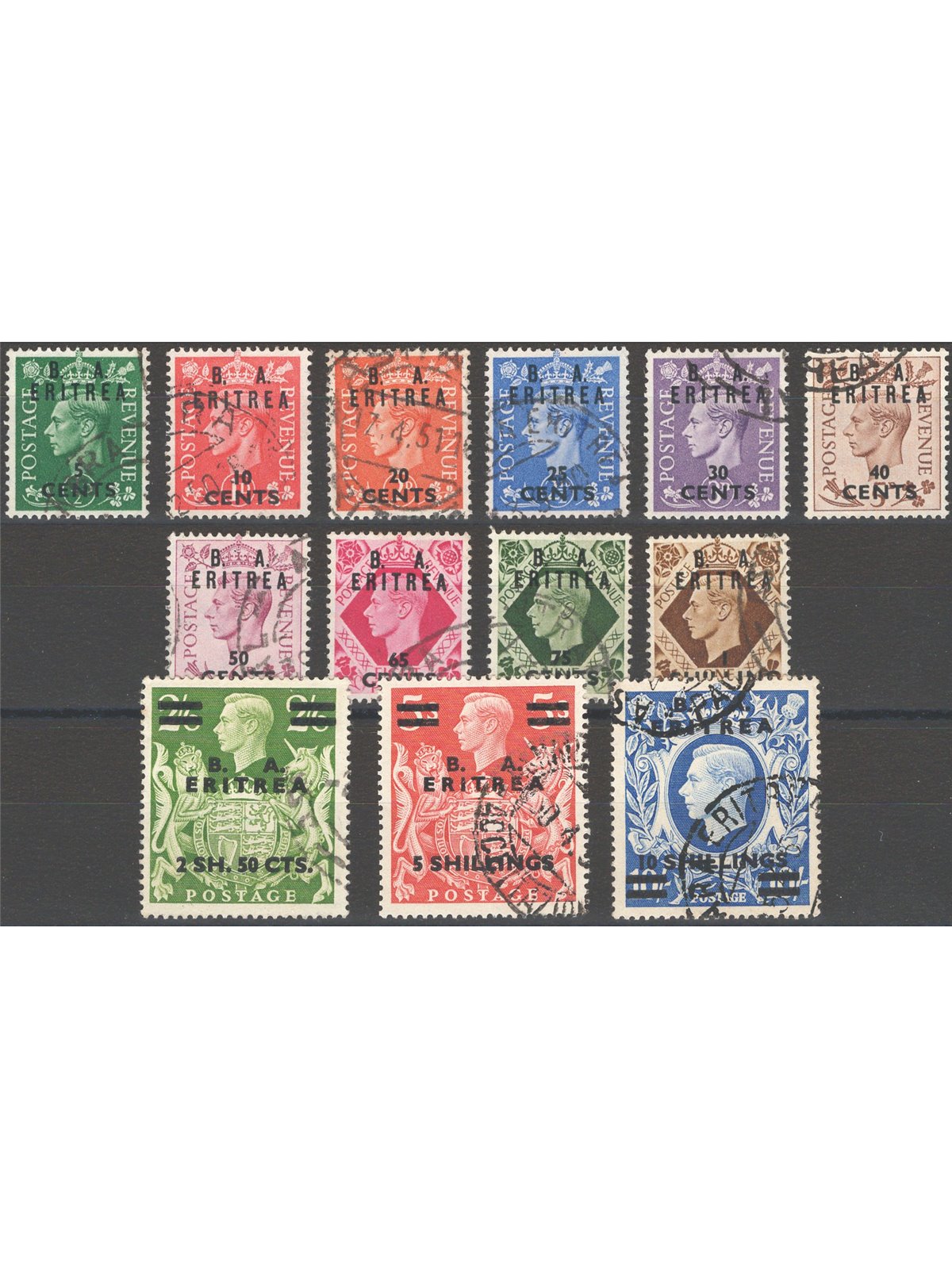 Eritrea 1950 Great Britain stamps with overprint “B.A. Eritrea” series no. 14/26 Cat. € 100 (U)
