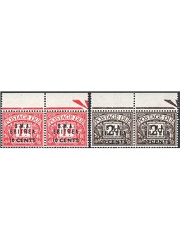 Eritrea 1948 Segnatasse di Gran Bretagna coppie del 10 c. su 1 p. e 20 c. su 2 p. soprast. "B.M.A. Eritrea" con gli esemplari di