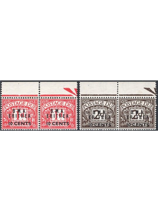 Eritrea 1948 British revenue stamps: pairs of 10 c. on 1 p. and 20 c. on 2 p. overprinted “B.M.A. Eritrea” with the left-hand sp