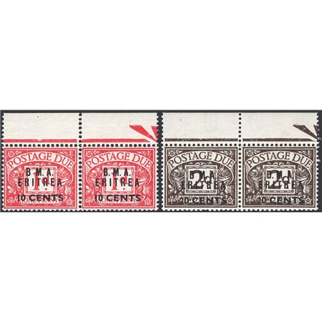 Eritrea 1948 British revenue stamps: pairs of 10 c. on 1 p. and 20 c. on 2 p. overprinted “B.M.A. Eritrea” with the left-hand sp
