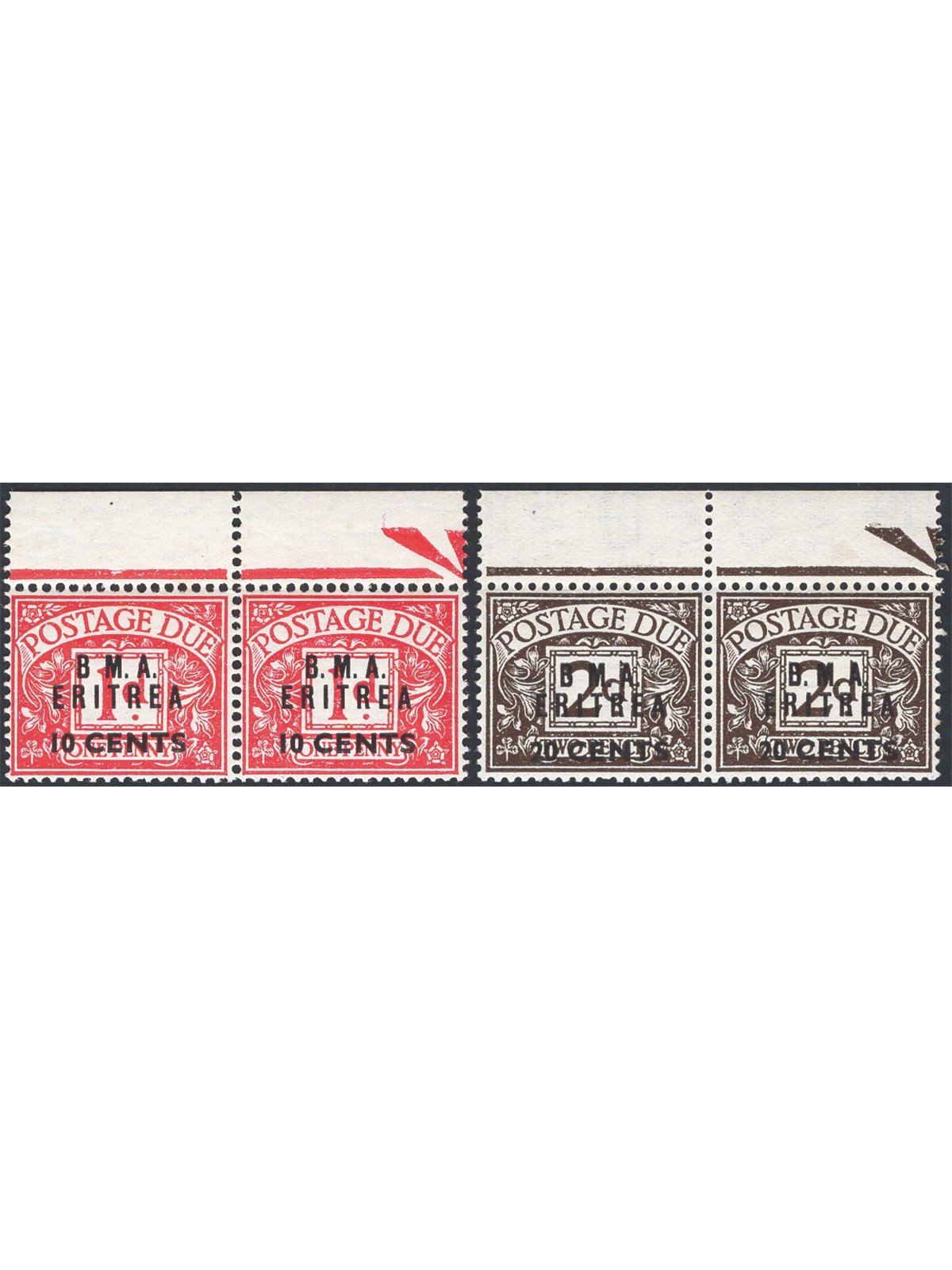 Eritrea 1948 Segnatasse di Gran Bretagna coppie del 10 c. su 1 p. e 20 c. su 2 p. soprast. "B.M.A. Eritrea" con gli esemplari di
