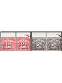 Eritrea 1948 British revenue stamps: pairs of 10 c. on 1 p. and 20 c. on 2 p. overprinted “B.M.A. Eritrea” with the left-hand sp