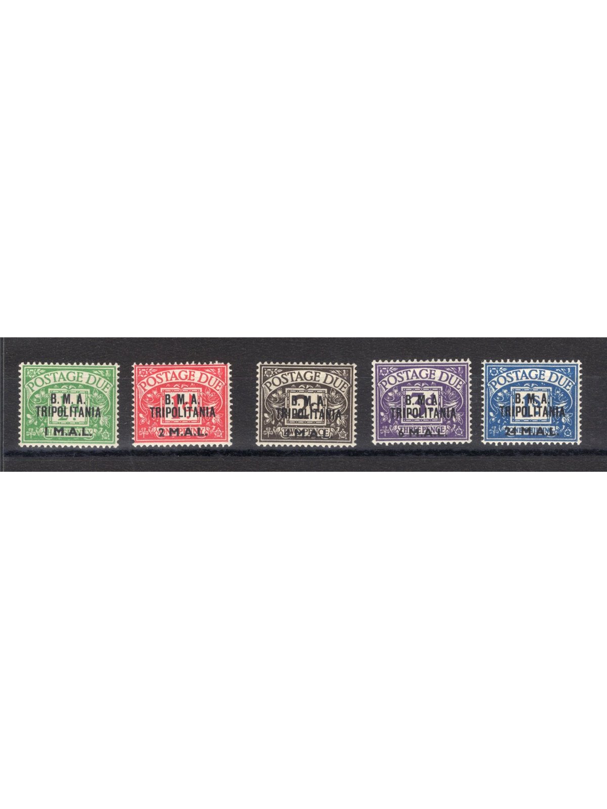 Tripolitania 1948 Segnatasse di Gran Bretagna con soprast. "B.A. Tripolitania" serie n° 1/5 Cat. € 200 (**)