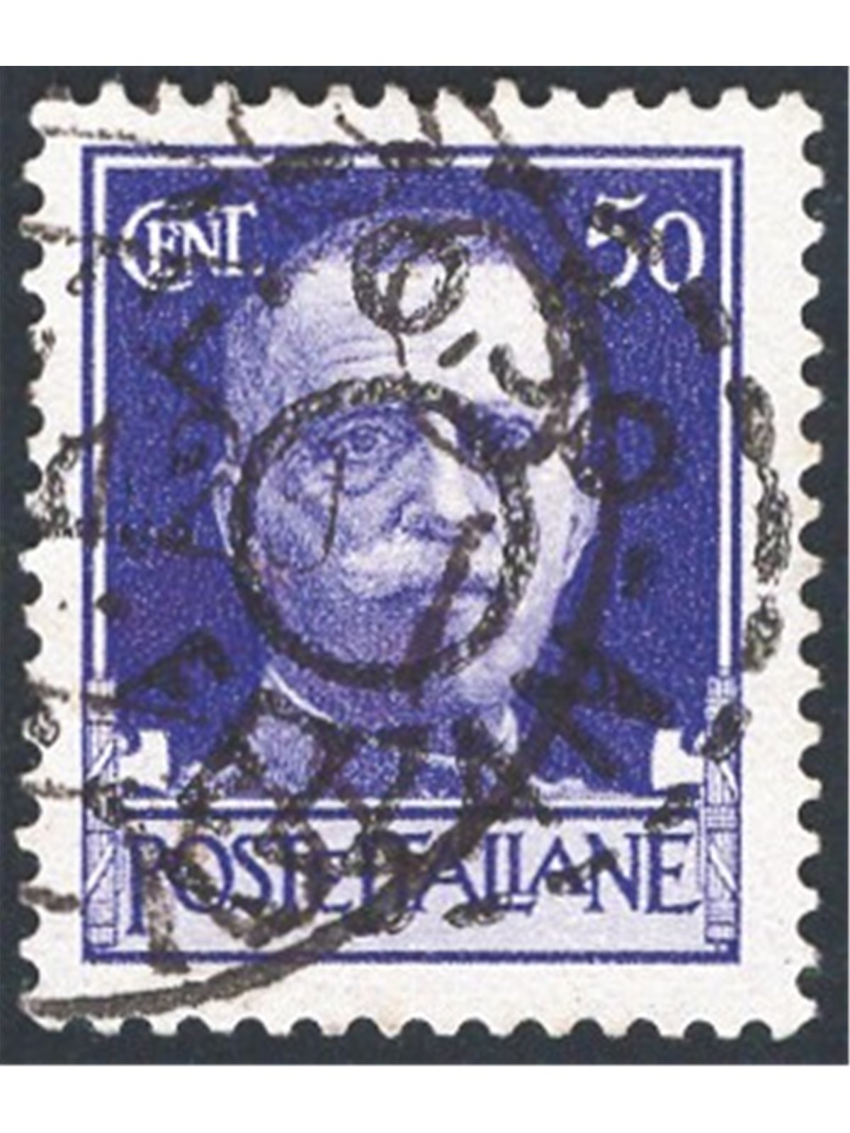 Fezzan 1943 Imperial 50 c. violet with hand-written overprint “R.F. 0.50 FEZZAN” within a double hatched circle no. 11. Signed A