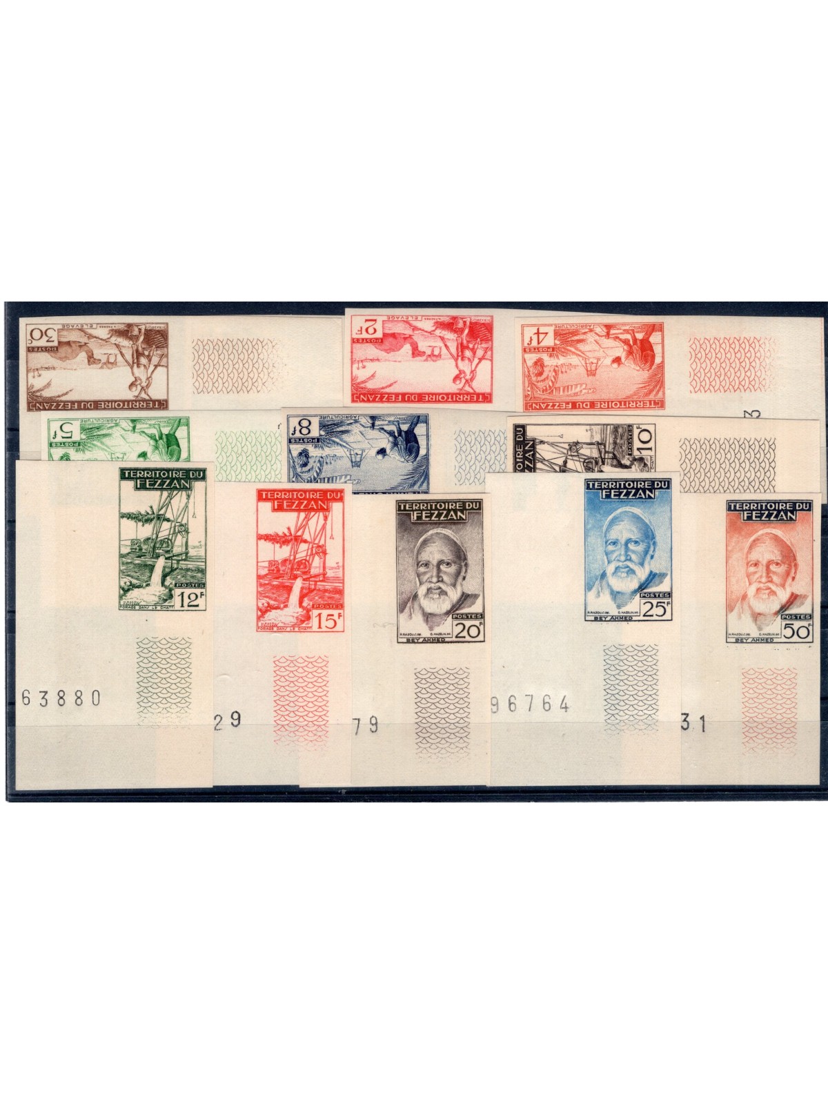 Fezzan 1951 Second issue imperforated sheet corner with sheet number series no. 29/40 Cat. €1,300 (**)