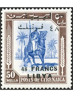 Libya Fezzan issues 1951 Senussi Knight overprint 48 fr. on 50 mils overprint modified with the two right-hand dashes 1 mm highe