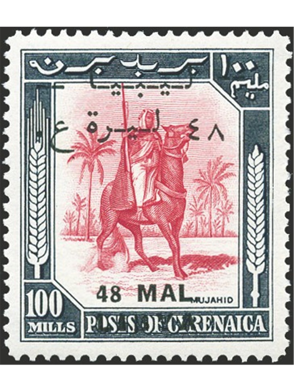 Libia Emissioni per il Fezzan 1951 Cavaliere Senussita soprast. 48 mal. su 100 mils con i due trattini di destra più alti di 1 m