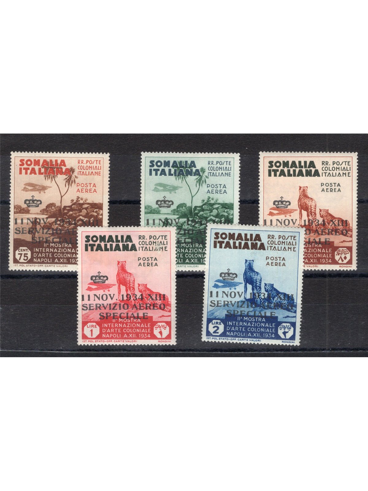 Somalia 1934 Servizio aereo Saggi francobolli di Posta aerea della Mostra Coloniale di Napoli con soprast. “11 Nov 1934 XIII ser