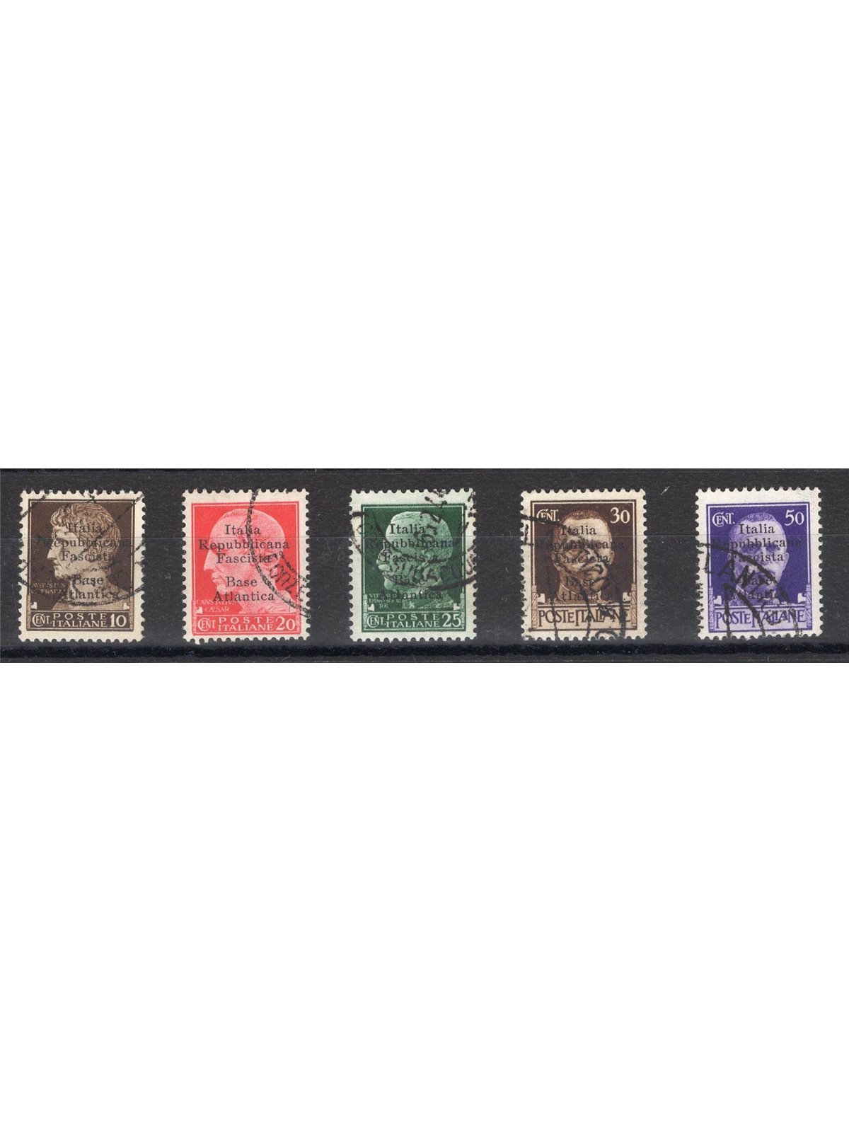Base Atlantica 1943 Imperiale soprast. n° 6 + 8/11 con annulli originali della base. Firm Oliva Cert. CiBaFil Cat. € 1.000 (U)
