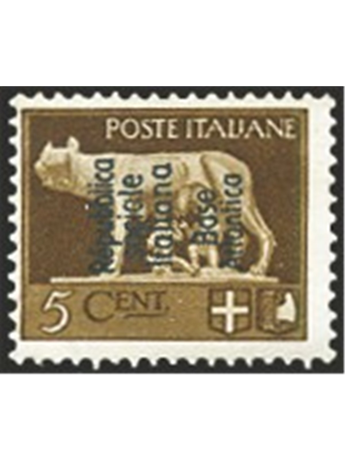 Base Atlantica 1944 Imperiale 5 c. con soprast. litografica n° 24 Cert. Biondi Cat. € 15.000 (*)