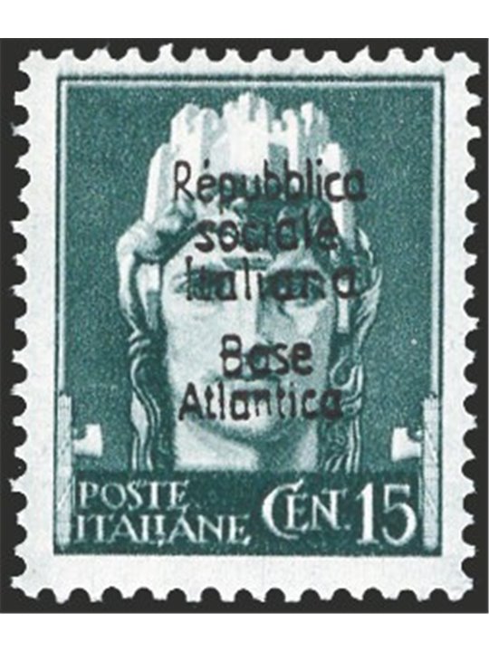 Atlantic Base 1943 Imperial 15 c. grey-green with overprint no. 26. Signed AD ED. Biondi Cert. Cat. €6,000 (**)