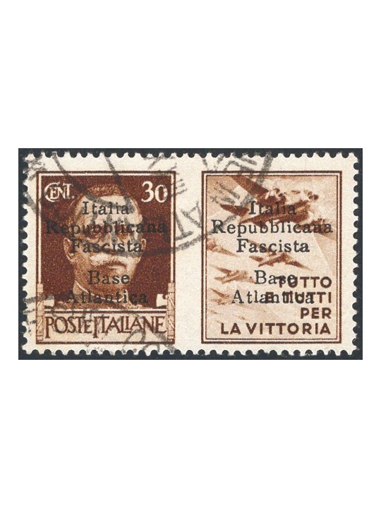 Atlantic Base 1943 War Propaganda 30 c. brown Air Force with overprint on both sections “Italia Repubblicana Fascista Base Atlan