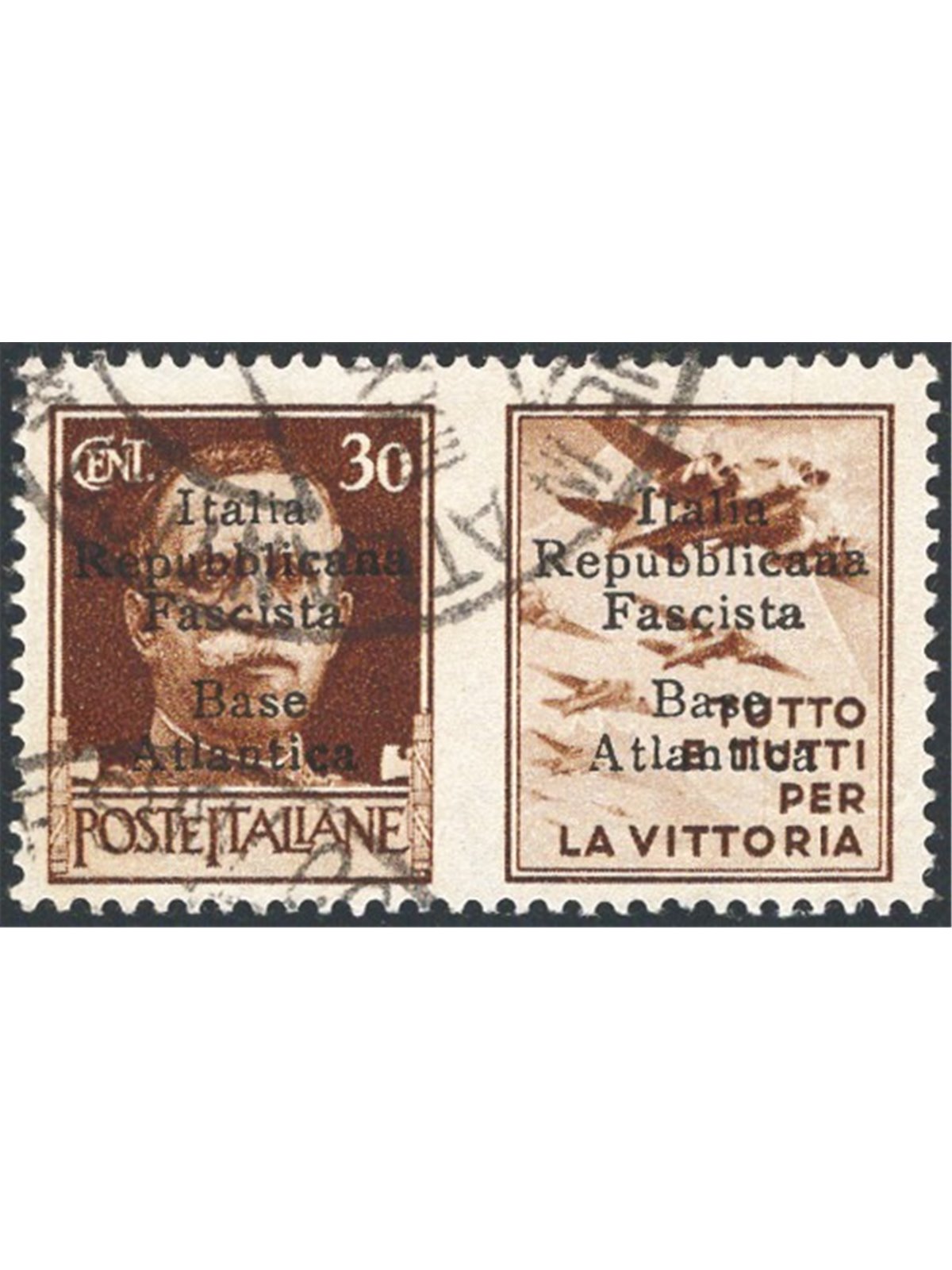 Atlantic Base 1943 War Propaganda 30 c. brown Air Force with overprint on both sections “Italia Repubblicana Fascista Base Atlan