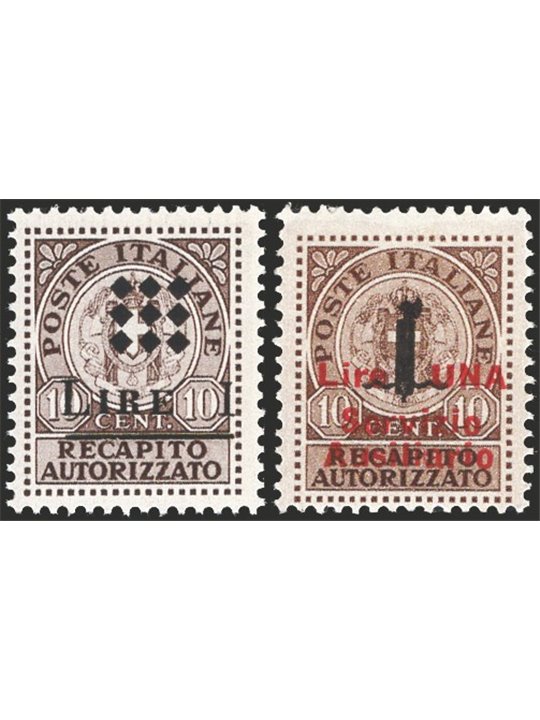 Guidizzolo 1945 Recapito autorizzato i 2 valori con soprast. in nero ed in rosso n° 1/2 Cat. € 210 (**)