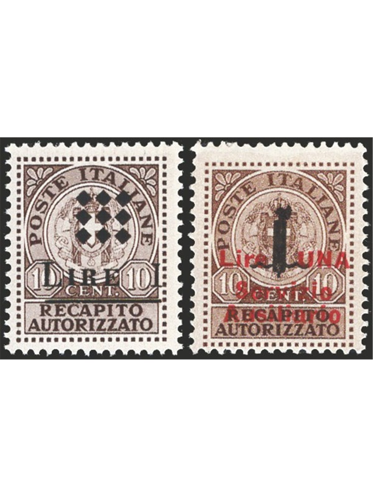 Guidizzolo 1945 Authorised delivery: 2 stamps with overprints in black and red No. 1/2 Catalogue €210 (**)