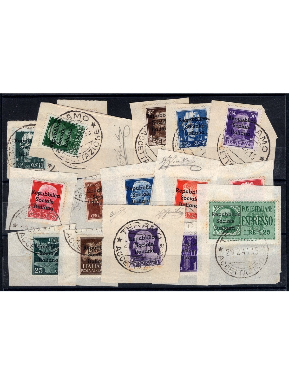 Teramo 1944 ‘Imperiale’ and ‘Pegaso’ overprint series no. 1/16 on fragments. Signed by Chia certified by Biondi catalogue price 