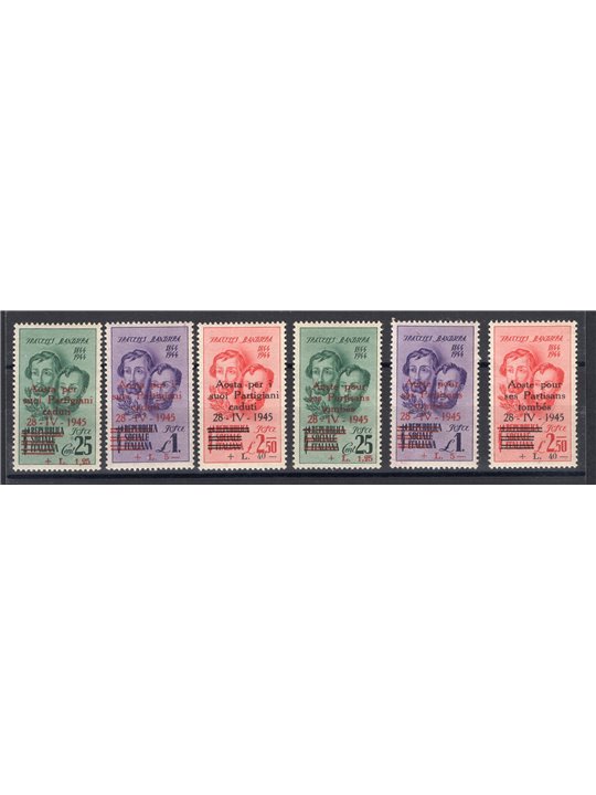 Emissioni  Aosta 1944 Emissioni di Propaganda Fratelli Bandiera le due serie con soprast. in rosso e in nero n° 1/3 + 4/6 Cert. 