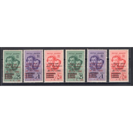 Emissioni  Aosta 1944 Emissioni di Propaganda Fratelli Bandiera le due serie con soprast. in rosso e in nero n° 1/3 + 4/6 Cert. 