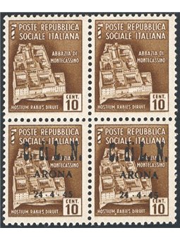 Emissioni  Arona 1945 Monumenti distrutti 10 c. bruno quartina che presenta i due valori in basso soprast. ed i due valori in al