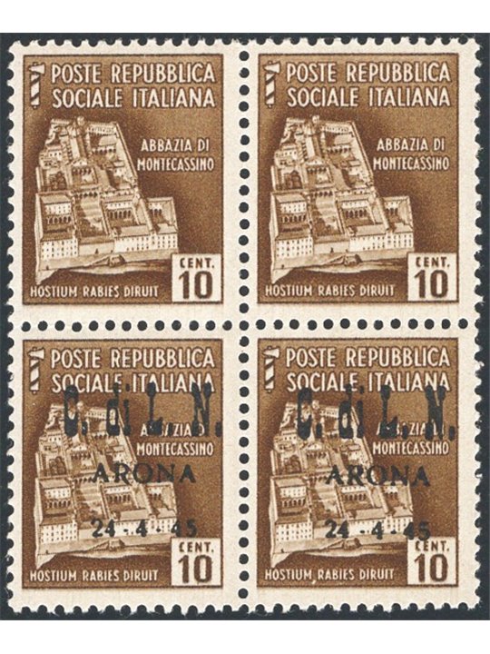 Emissioni  Arona 1945 Monumenti distrutti 10 c. bruno quartina che presenta i due valori in basso soprast. ed i due valori in al
