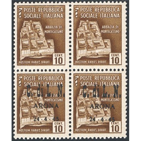 Emissioni  Arona 1945 Monumenti distrutti 10 c. bruno quartina che presenta i due valori in basso soprast. ed i due valori in al