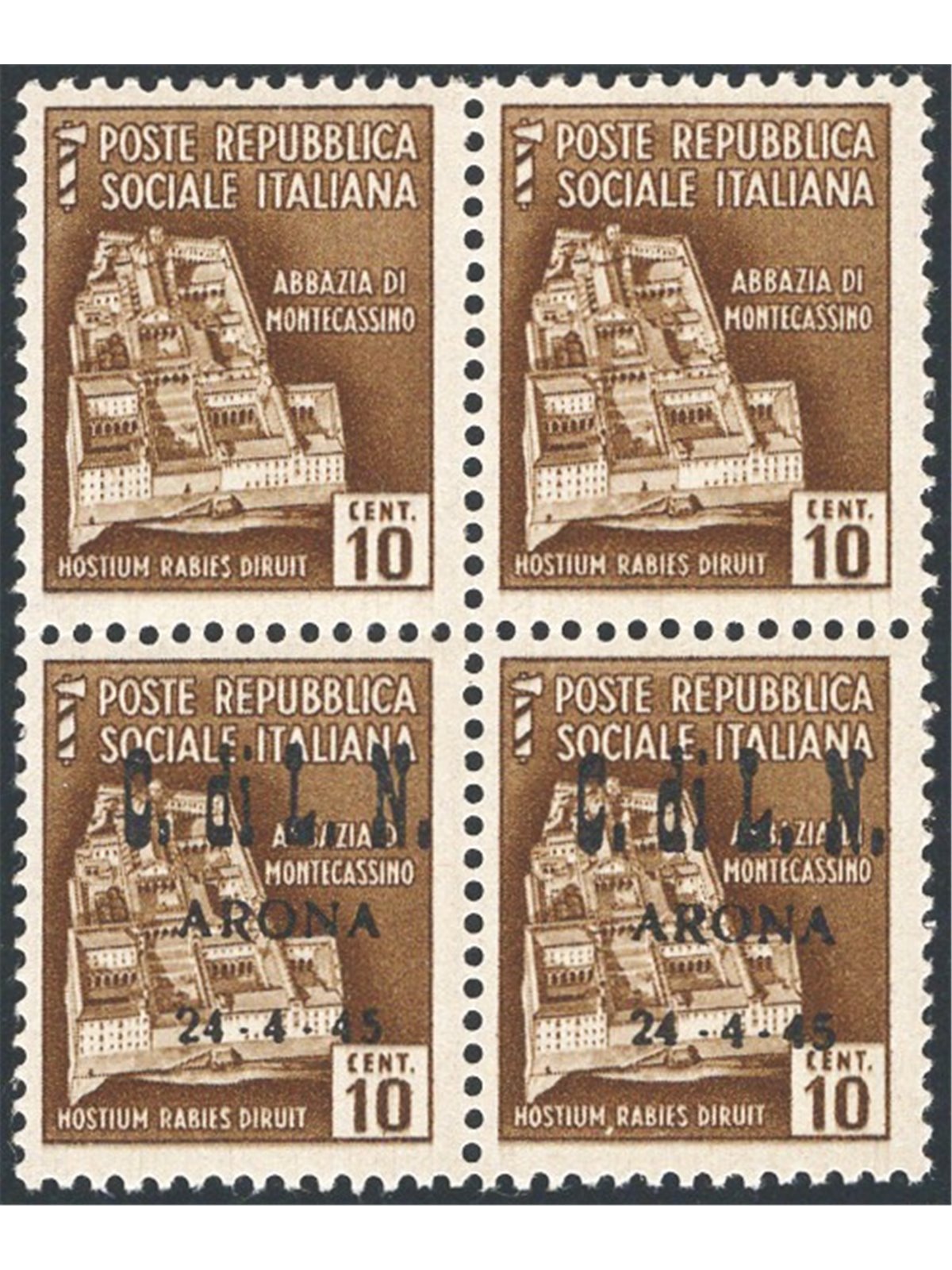 Issues Arona 1945 Destroyed Monuments 10 c. brown block of four featuring the two lower denominations with overprints and the tw
